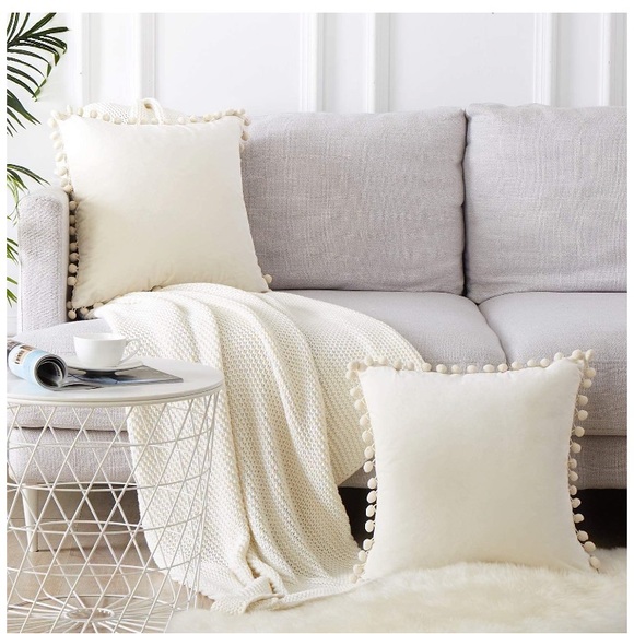 Classic Cream Farmhouse Adorable Trendy Pompom Throw Pillow Decor Cover Set - Picture 2 of 16